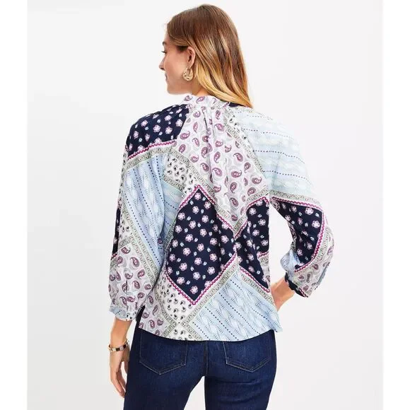 Loft Linen Blend Patchwork Blouse Top Balloon Sleeve Peasant Floral Paisley Med - Picture 2 of 16